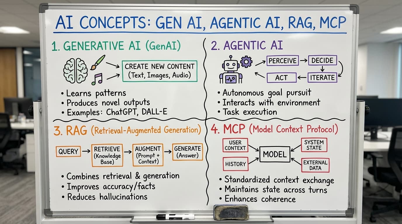 Whiteboard diagram showing four AI concepts: Generative AI (creates new content), Agentic AI (autonomous goal pursuit with perceive-decide-act loop), RAG (retrieval-augmented generation workflow), and MCP (Model Context Protocol with user context, history, system state, and external data)