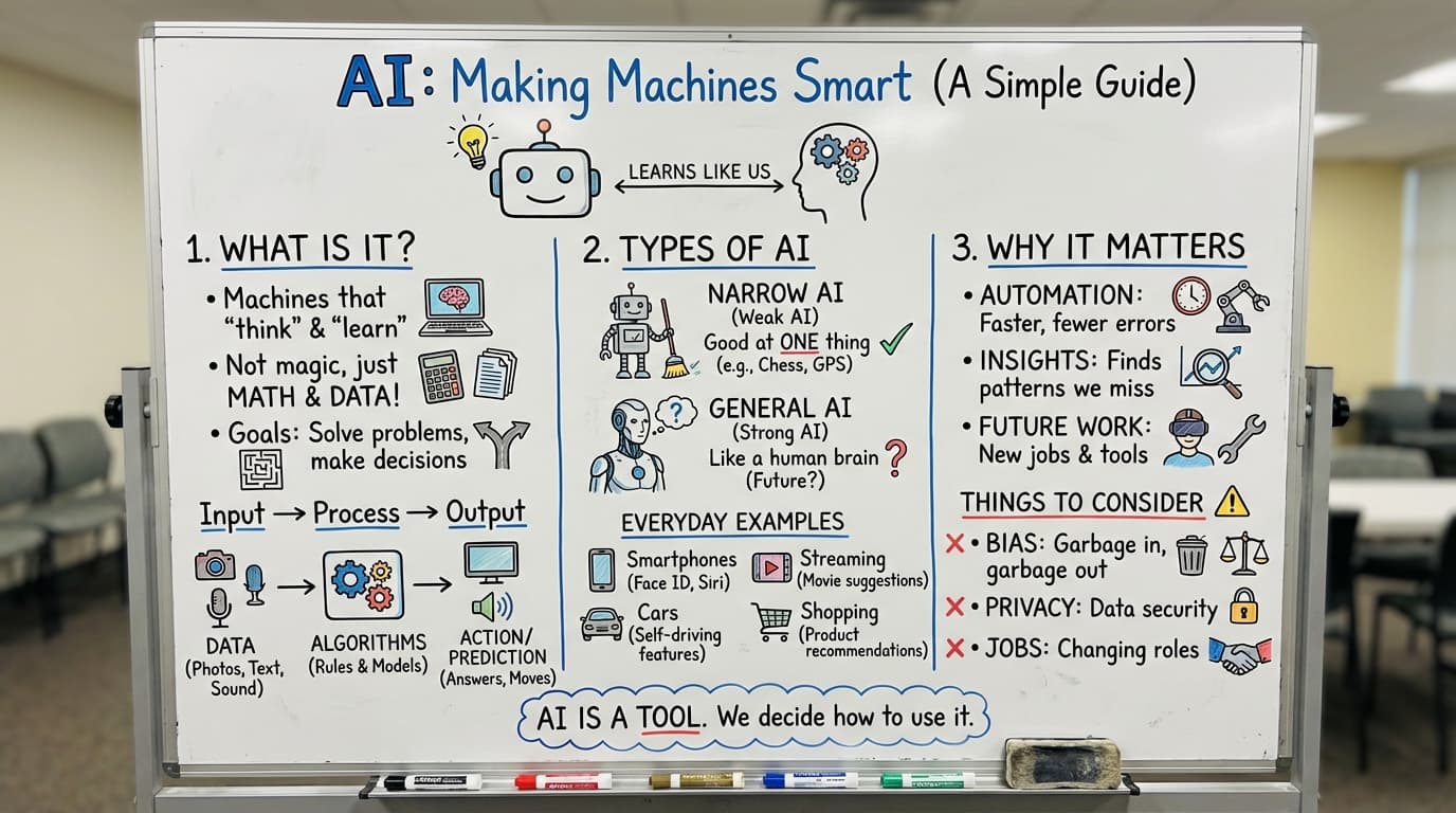 Infographic showing AI fundamentals: what it is (machines that think and learn), types of AI (narrow vs general), and why it matters (automation, insights, future work), plus key considerations like bias, privacy, and jobs