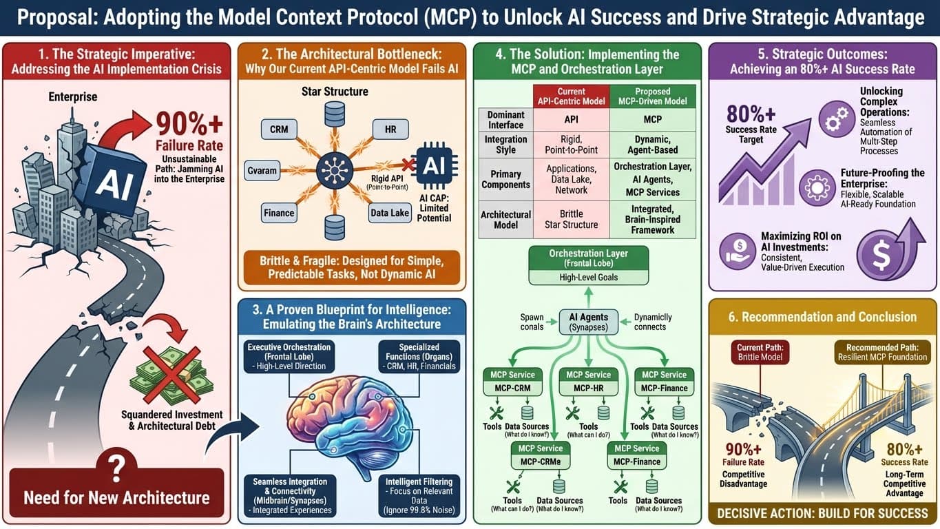 Proposal infographic with six sections: 1) Strategic imperative showing 90%+ AI failure rate, 2) Architectural bottleneck of rigid API star structure limiting AI capability, 3) Brain-inspired blueprint with frontal lobe orchestration and specialized organs, 4) MCP solution with orchestration layer and dynamic agent connections, 5) Strategic outcomes of 80%+ success rate and future-proofing, 6) Recommendation showing current brittle path vs resilient MCP foundation